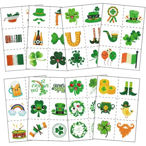 St. Patrick's Day Tattoos Stickers for Kids Women Men, 8-Sheet Glitter Shamrock Temporary Tattoos St. Patrick's Day Irish Sticker Parade Party Favors Decorations Accessories