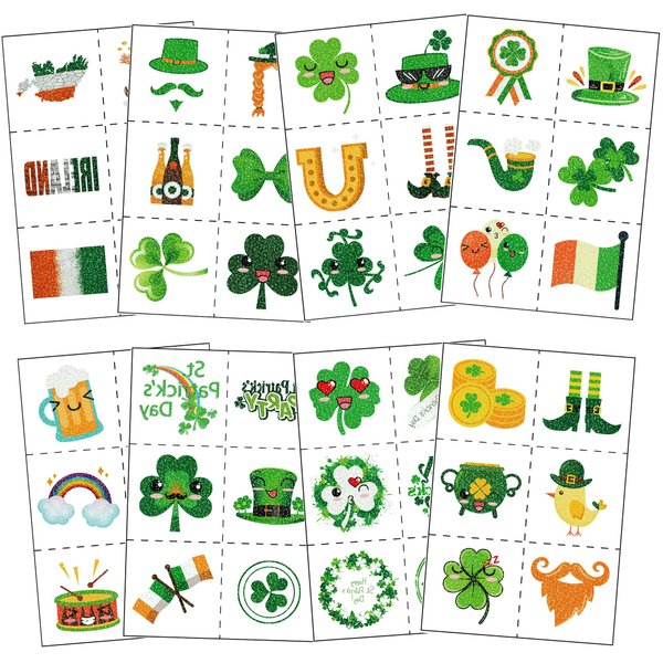 St. Patrick's Day Tattoos Stickers for Kids Women Men, 8-Sheet Glitter Shamrock Temporary Tattoos St. Patrick's Day Irish Sticker Parade Party Favors Decorations Accessories