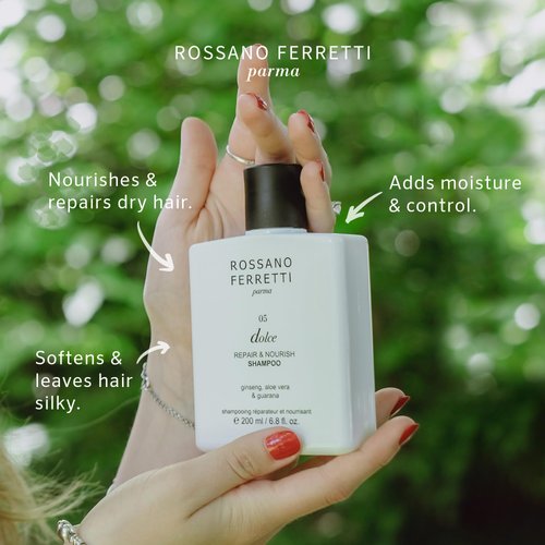 Rossano Ferretti Dolce Nourishing Shampoo for Dry, Damaged Hair, Hydrates and Repairs with Hyaluronic Acid | Sulfate Free, Luxury, Vegan | 6.8 Fl Oz