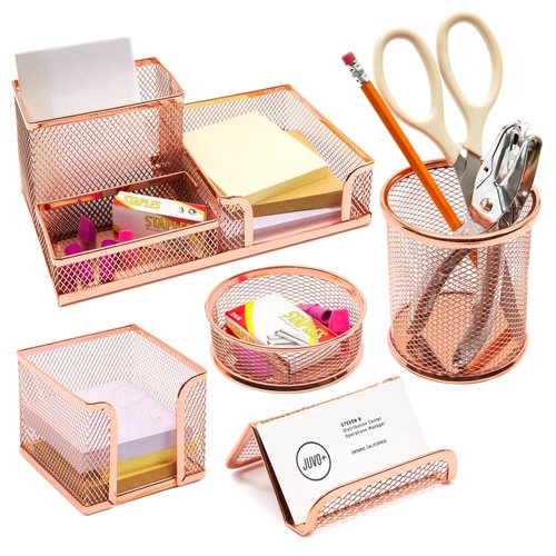 Paper Junkie Rose Gold Desk Organizer Set for Home Office Supplies and Accessories, Includes Mesh Wire Pen, Pencil, Business Card, Note, and Paper Clip Holders