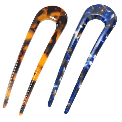 French Hair Forks Tortoise Shell French Hair Pins For Buns,5 Inch Cellulose Acetate U Shape Chignon Pin 2 Prong Hair Stick for Women,Blue/Tortoiseshell,2Pack