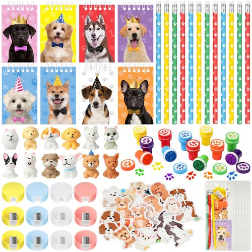 Fainne 122 Pcs Dog Party Favors Puppy Dog Party Supplies Dog Paw Mini Notebooks Pencils Stickers Pencil Sharpener Stamper Mini Puppy Toys Goody Bag for Kid Puppy Birthday Party Classroom Reward Favors