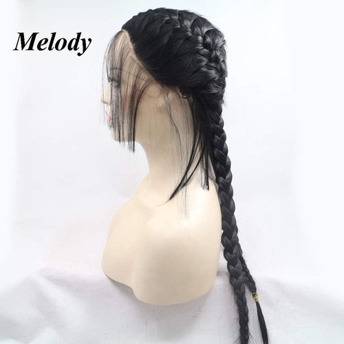 melody wig 1B Black Double Braid Middle Part Synthetic Lace Front Wigs For Women Heat Resistant Fiber Hair 24''