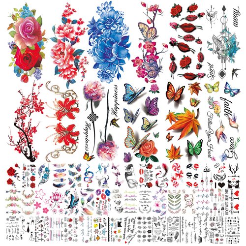Temporary Tattoos Adults, Fake Tattoos for Women, Girls, Kids-Flowers Butterflies Roses, Mini Temp Tattoos 3D Realistic Multi-Colored Mixed Styles for Arms, Neck, Back, Legs (60 Sheets +200 desings)