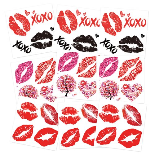 Kiss Temporary Tattoos – 9 Sheets Kiss Tattoos Temporary for Adults and Kids – Kiss Lips, Heart, and Lips Tree – Ideal for Halloween, Festivals, Parties and Valentine's Day