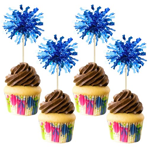 Gyufise 20Pcs Foil Firework Cupcake Toppers Happy Birthday Cake Toppers Sparkle Tinsel Flower Drink Stirrers Cocktail Food Fruit Toothpicks for Valentine's Day Party Supplies Blue