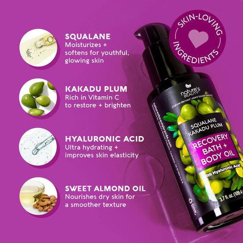Nature's Beauty Squalane Kakadu Plum Recovery Bath + Body Oil Multi-Pack - Restore & Nourish Your Skin, Quick-Absorbing, Made w/Hyaluronic Acid + Vitamin C + Almond Oil, 3.7 fl oz (2 Pack)