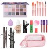 Full Makeup Kit for Women, 18 Color Eyeshadow, 3 Color Lipstick, Blush Oil, Mascara, Liquid Eyeliner, Eyebrow Pencil, Foundation, Sponge, Makeup Bag and 8pcs Makeup Brush