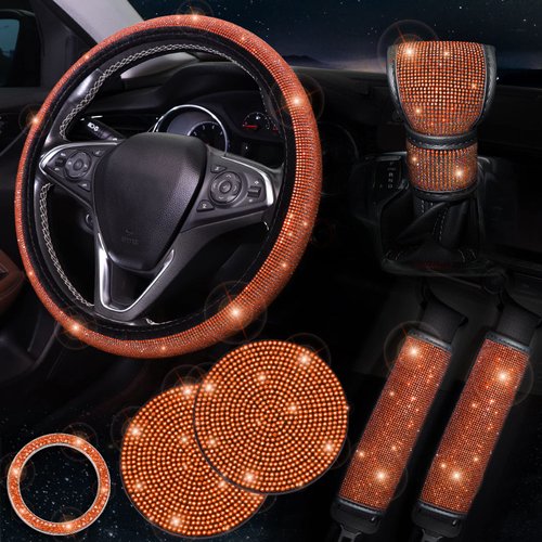 ToBeQueen Orange Steering Wheel Cover Set 15 inch,7 Pack Crystal Rhinestone Diamond Orange Bling Car Accessories,Seat Belt Cushion,Bling Shift Knob Cover,Puch to Start Ring,Car Cup Coaster,Orange