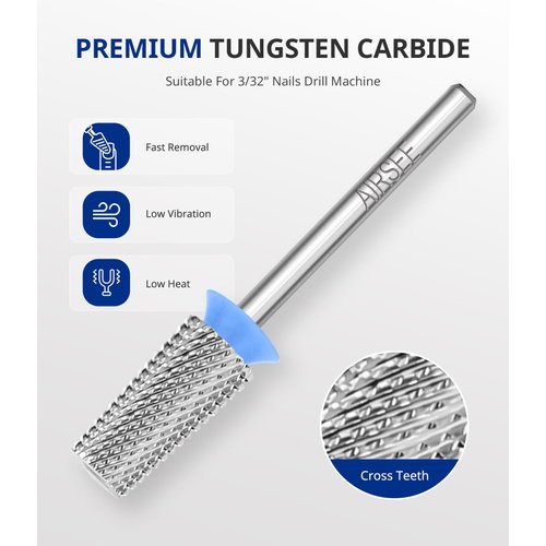 AIRSEE Tungsten Carbide Acrylic Nail Drill Bit Efile Electric File Machine Head Tip for Manicure Polishing Art Remove Gel 3/32" 2 Way Professional Tech Flat Top Tapered Barrel Medium-M