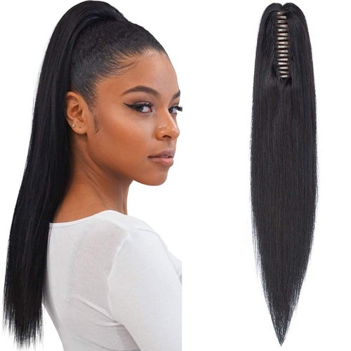 Hairro Ponytail Hair Extensions Claw Clip In Ponytails Jaw On Ponytail Extensions 100% Real Human Hair Long Straight Jaw/Claw Clips Pony Tail Hairpieces For Women 14 Inch 105g #01 Dark Black
