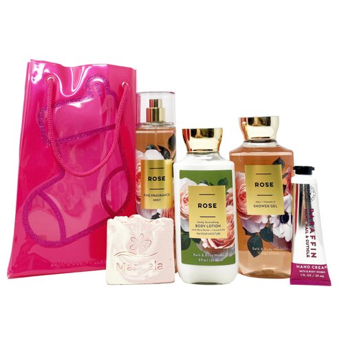 Bath & Body Works ROSE - Gift Bag Set - Fine Fragrance Mist, Shower Gel, Body Lotion and Hand Cream With a Himalayan Salts Springs Sample Soap.