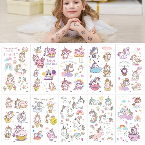 Unicorn Temporary Tattoo for Girls, 10 Sheets Unicorns Tattoo Stickers for Birthday Party Supplies Gifts Princess Tattoos Sticker for Kids