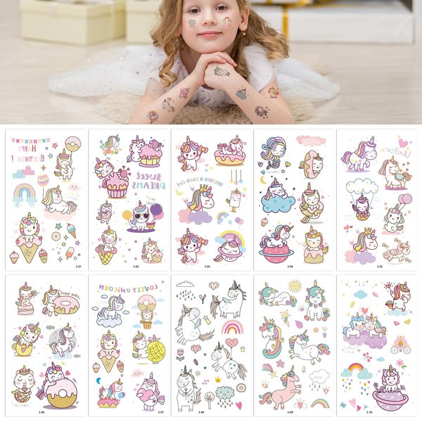 Unicorn Temporary Tattoo for Girls, 10 Sheets Unicorns Tattoo Stickers for Birthday Party Supplies Gifts Princess Tattoos Sticker for Kids
