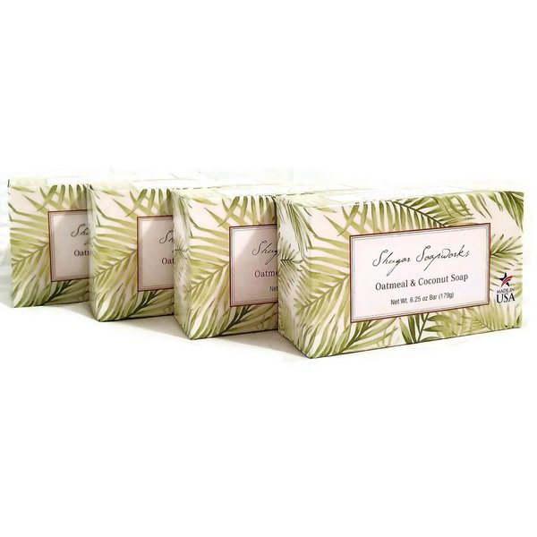 Shugar Soapworks Oatmeal and Coconut Bar Soap, 6.25 ounces (pack of 4), Soothes, Moisturizes and Softens with Natural, Pure Ingredients, Long-Lasting Body Bar, Economical Multi-Pack#