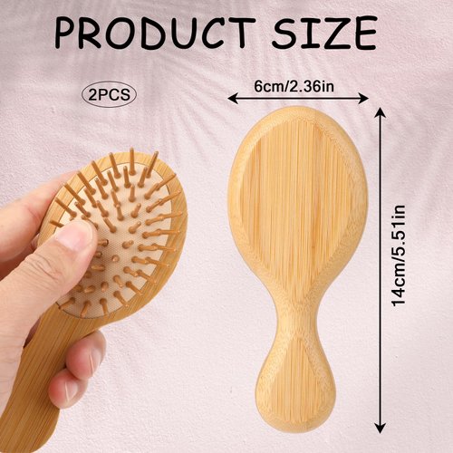 Wooden Hair Brush, 2 Pcs Mini Natural Bamboo Hair Brush for Hair Growth Portable Travel Detangling Hair Brush Scalp Massager Brush for Women Men All Hair Types Thick Thin Curly Straight Wet Dry Hair