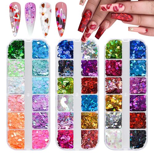 36 Colors Heart Glitter Nail Art Sequins, EBANKU Holographic Heart Shaped Nail Sequin Laser Heart...