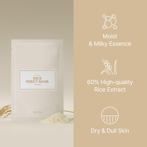 I'm from Rice Sheet Mask Pack of 5, 60% Korean Rice Face Mask, Creamy Hydration for Dry, Combination Skin, Moist, Milky Essence, Biodegradable, Vegan, Hypoallergenic, 20ml