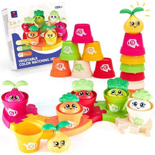 hahaland Montessori Toys for 1 Year Old Gifts - Puzzle & Garden Set - Color Sorting Stacking Daycare Learning Toys for Toddlers 1-3