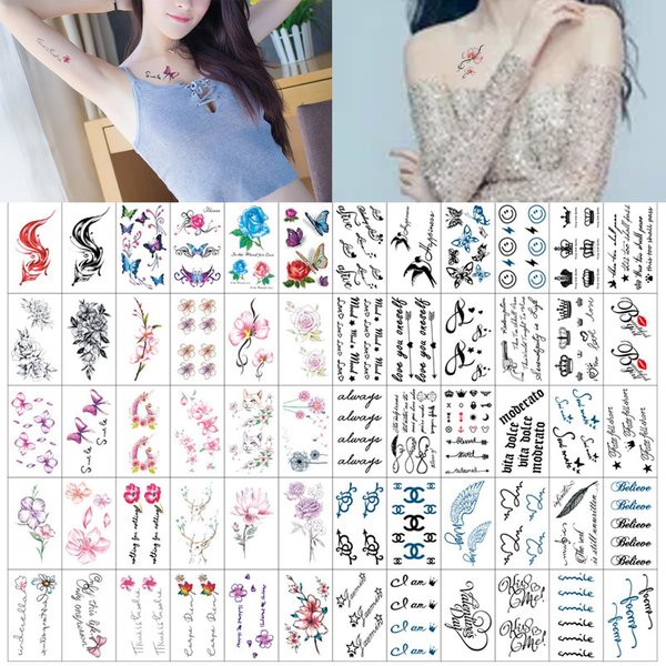 60 Sheets Floral Animals Fake Temporary Tattoo Sticker,Waterproof Temporary Tattoo Stickers,Black Word Letters Fake Tattoos For Adults Kids Finger Tattoo,Butterfly Women Men Tattoo Sticker Arm Neck