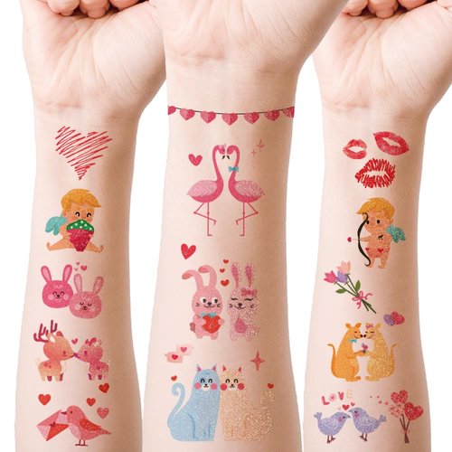 Oottati 12 Sheets Glitter Cute Temporary Tattoos Valentine's Day Love Letter Mail Key Heart Cupid Gift Rabbit Couple Suit for Kids Adults