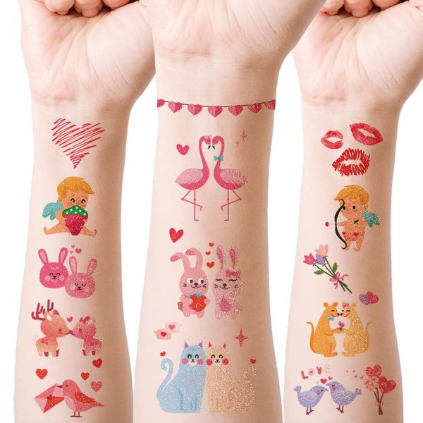 Oottati 12 Sheets Glitter Cute Temporary Tattoos Valentine's Day Love Letter Mail Key Heart Cupid Gift Rabbit Couple Suit for Kids Adults