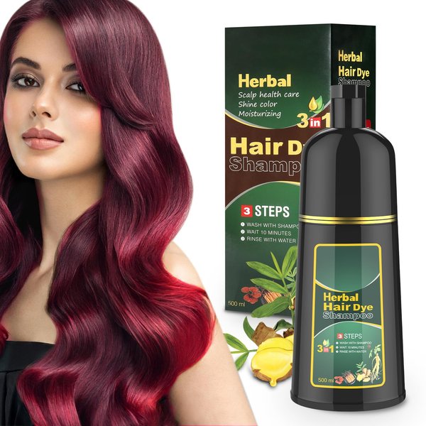 Tanfeine Wine Red Hair Color Shampoo - Natural Herbal Formula for Women and Men, Gray Hair Coverage and Vibrant Red Tones, 3-in-1 for Home Salon, 16.9 Fl Oz