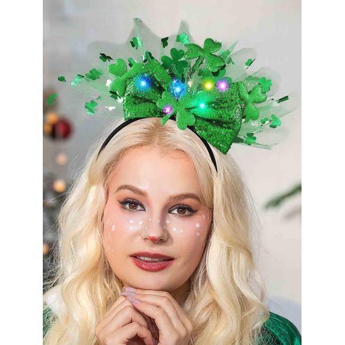 Yean St Patricks Day Bow Headband Irish Shamrock Headbands Light Up Green Hair Bow Accessories for Women and Girls