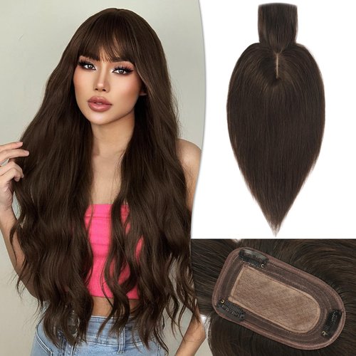 RUWISS Human Hair Topper with Bangs Crown Topper Hair Pieces for Women Short Wiglet Topper for Thinning Hair 7.5 * 13CM Silk Base 100% Real Human Hair Clip in Topper 14Inch 45g（Dark Brown）