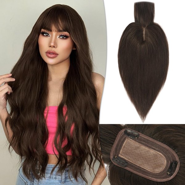 RUWISS Human Hair Topper with Bangs Crown Topper Hair Pieces for Women Short Wiglet Topper for Thinning Hair 7.5 * 13CM Silk Base 100% Real Human Hair Clip in Topper 14Inch 45g（Dark Brown）