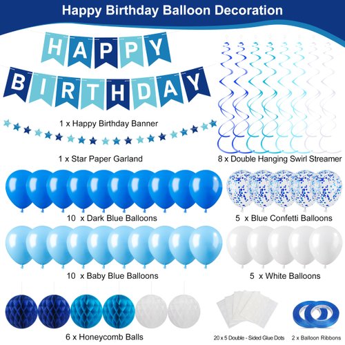 Blue Happy Birthday Party Decorations Set for Men Boys, Pre-Strung Happy Birthday Sign Banner, Blue Balloons, Tissue Paper Pom Poms, Star Garland, Hanging Swirls for Birthday Party Decorations