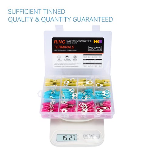 HKS 260PCS Heat Shrink Ring Terminals -12-10 16-14 22-16 AWG - Tinned Red Copper 4 Sizes #10,1/4",5/16",3/8" - Marine Electrical Wire Connector Kit - Waterproof and Insulated Crimp Terminals Set