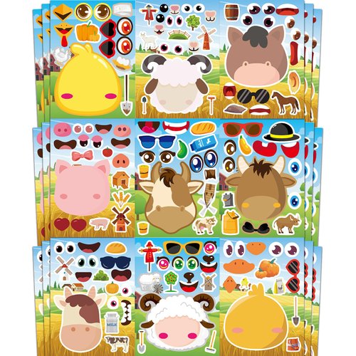 Ozepao 36 Pcs Farm Animals Make-A-Face Sticker Sheets | Mix & Match Your Own Farm Animal Stickers for Kids Ages 2-6 | Farm Animal Party Supplies, Birthday Decorations, Crafts & Activities