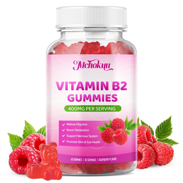 Mchokuu Vitamin B2 Gummies Riboflavin 400mg with Magnesium for Kids & Adults Migraine Relief & Headache Relief & Nervous System Support Non-GMO, Vegan, Sugar Free, Raspberry Flavor, 60 Count