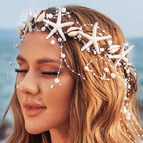 Unicra Starfish Headband Pearl Bride Wedding Hair Vine Shell Bridal Headpiece Beach Hair Accessories for Women and Girls (White Brown, Free Size)