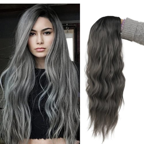 Tseses Ombre Grey Black Curly Wavy Long Wigs for Women Synthetic Hair Wigs Dark Roots Hair Women Full Wig Cosplay Halloween Party Daily Use (Ombre Grey)