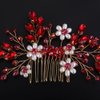Teyglen Flower Pearl Bride Wedding Hair Comb Red Crystal Hair Comb Bridal Hair Piece Decorative Hair Accessories for Bride Rhinestone Headpiece for Women Grils (Red)