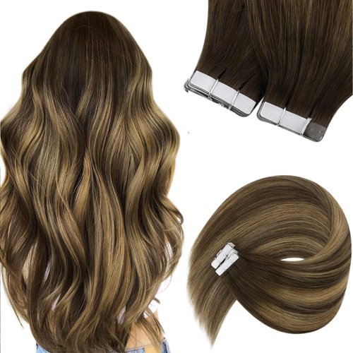 Sunny Hair Tape in Extensions Straight Skin Weft Tape in Hair Extensions Invisible Tape in Hair Extensions Human Hair 20Pcs Hair Extensions Real Human Hair Medium Brown Balayage Caramel Blonde 22inch