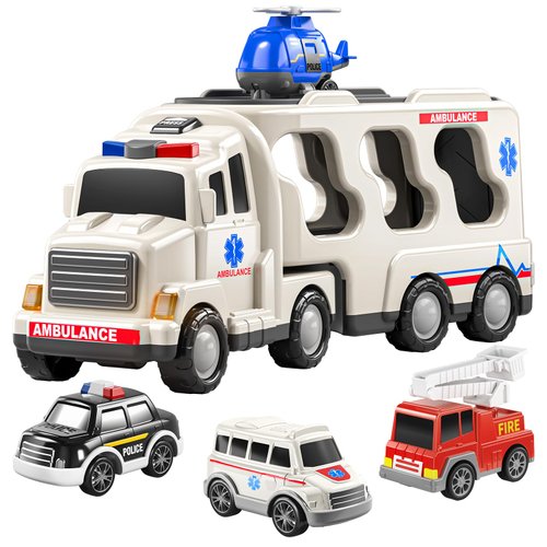 TEMI 5 Pack Ambulance Vehicle Toddler Truck Toys for 3 4 5 6 Year Old Boys, Friction Powered Cars with Toy Helicopter, Police Car, Fire Truck, Ambulance Car, Birthday Gifts for Girls Age 3-9