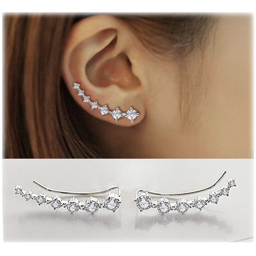 Earring for Women Cartilage 7 Crystals Ear Cuffs Hoop Climber S925 Sterling Silver Earrings with Cubic Zirconia CZ Hypoallergenic Piercing Gifts for Her