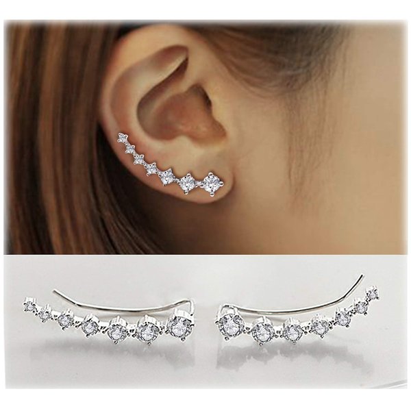 Earring for Women Cartilage 7 Crystals Ear Cuffs Hoop Climber S925 Sterling Silver Earrings with Cubic Zirconia CZ Hypoallergenic Piercing Gifts for Her