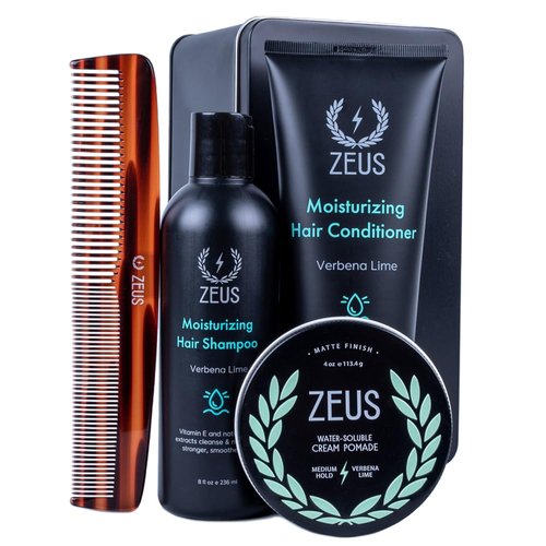 ZEUS Hair Wash & Style Set - Moisturizing Shampoo, Hydrating Conditioner, Hair Comb & Styling Hair Pomade Kit for Men (Cream)