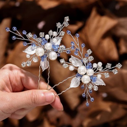 Yikisdy Brides Blue Wedding Hair Pins Pearl Bridal Hair Pieces Silver Crystal Head Clip Leaf Bride Hair Accessories for Women and Girls(Pack of 2)