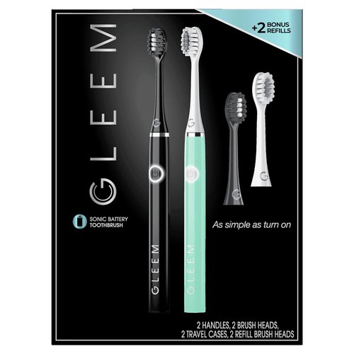 Gleem Electric Toothbrush, Battery Powered, Soft Bristles, Black and White (2 pk)