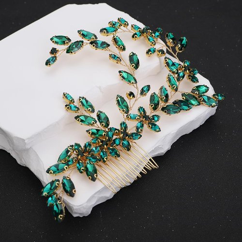 Teyglen Crystal Wedding Headpiece Flower Rhinestone Bridal Hair Comb Headband Hair Accessories for Bride Handmade Crystal Hair Piece Bridal Side Comb for Women Girls (Green)