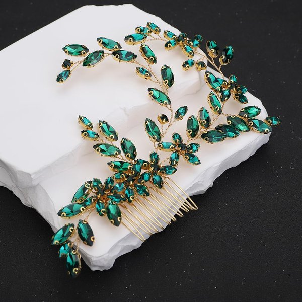 Teyglen Crystal Wedding Headpiece Flower Rhinestone Bridal Hair Comb Headband Hair Accessories for Bride Handmade Crystal Hair Piece Bridal Side Comb for Women Girls (Green)