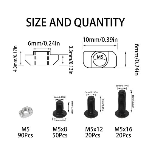 Rrina 180Pcs M5 T-Nuts Screws Assortment Kit, Hammer Head T-Slot Nut for 2020 Series European Standard Aluminum Profile