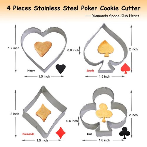 Cookie Cutter,4 Pieces Poker Stainless Steel Cookie Cutters Playing Card Cake Biscuit Decorating Bakeware Tool Diamonds Spade Club Heart Shape