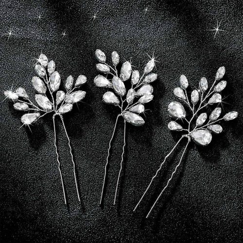 Easedaily Rhinestone Bride Wedding Hair Pins Silver Crystal Bridal Hair Pieces Hair Accessories for Women and Girls (Pack of 3)