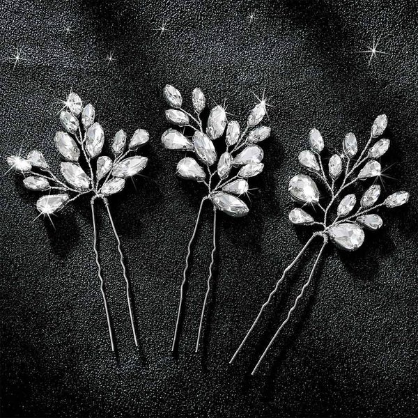 Easedaily Rhinestone Bride Wedding Hair Pins Silver Crystal Bridal Hair Pieces Hair Accessories for Women and Girls (Pack of 3)